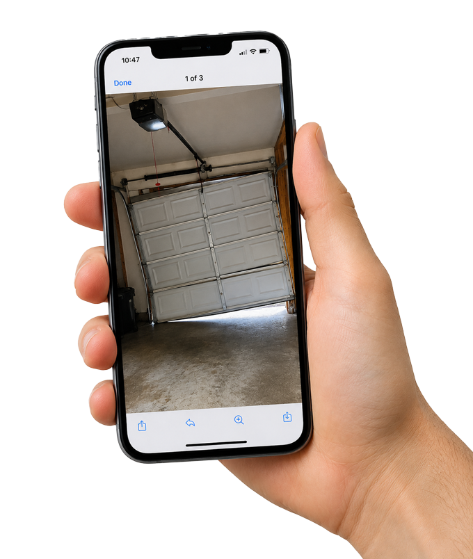 Customer showing a garage door photo on an iPhone